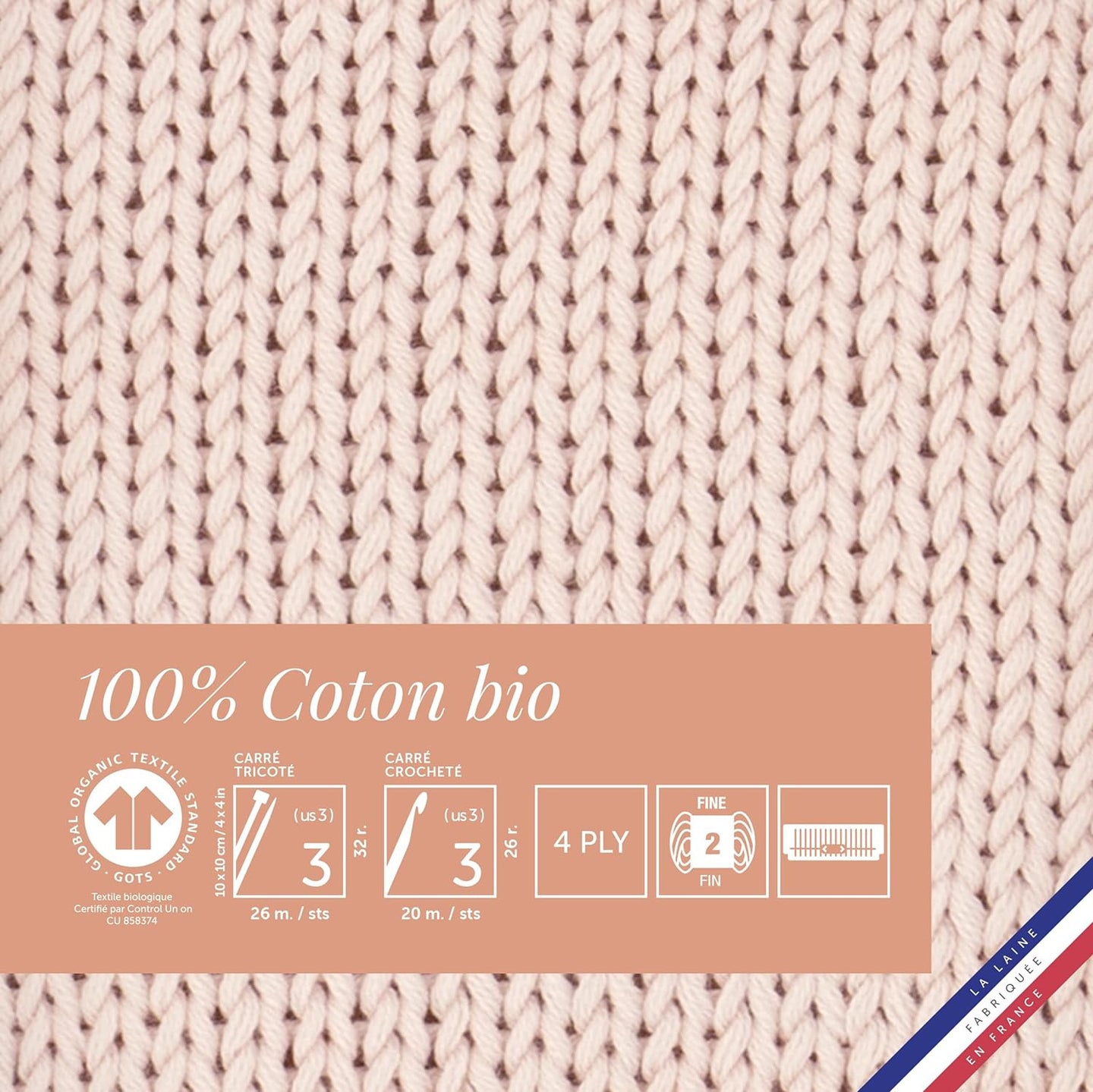 Pelote de laine - Rose dragée - 100% coton bio - 3mm - Tricot et crochet - Bergère de France