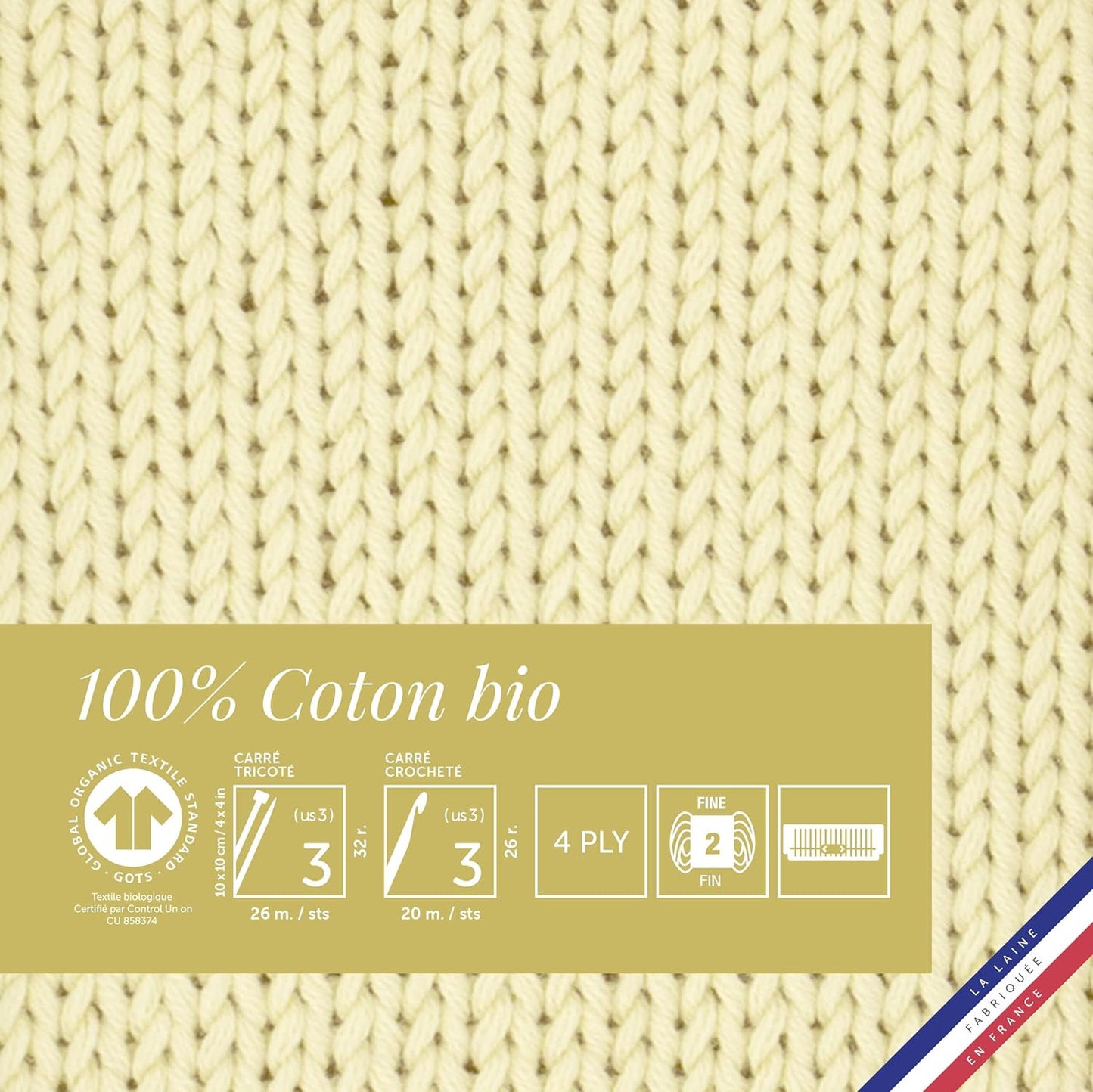 Pelote de laine - Paille - 100% coton bio - 3mm - Tricot et crochet - Bergère de France