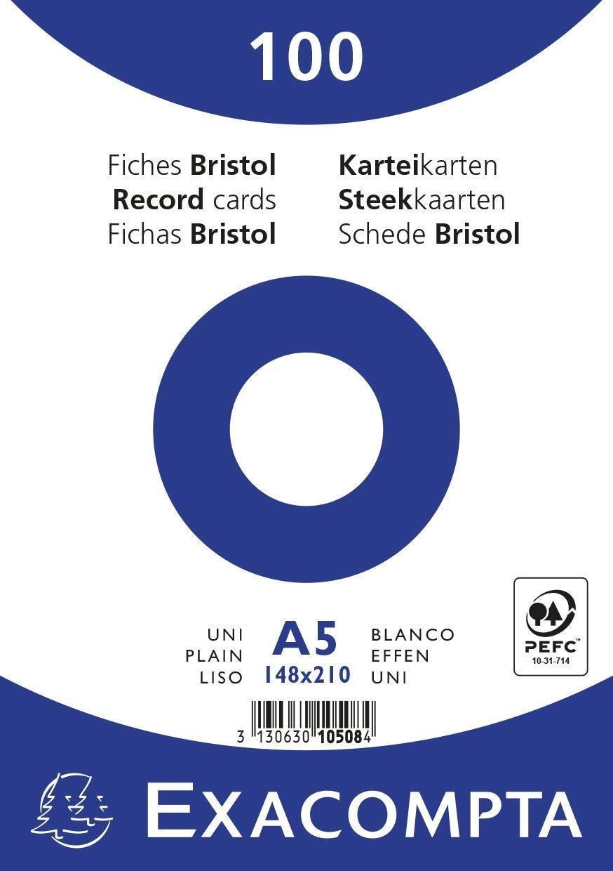 Fiches bristol - A5 - Unie - Non perforées - Blanc - Lot de 100 - Exacompta