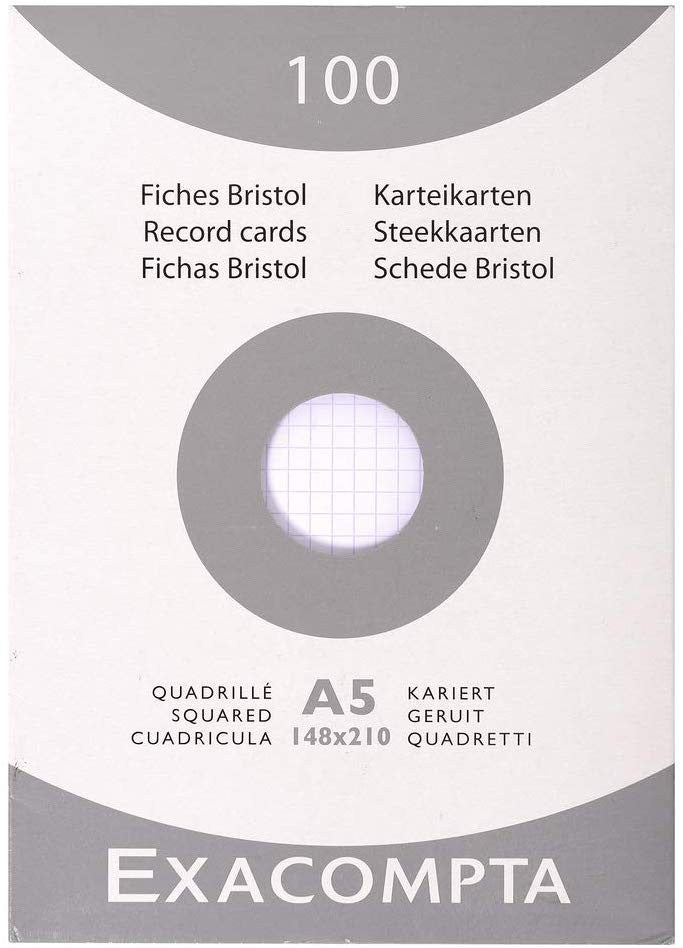 Fiches bristol - A5 - Petits carreaux - Non perforées - Blanc - Lot de 100 - Exacompta