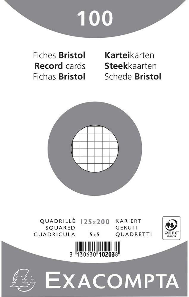 Fiches bristol - 125x200mm - Petits carreaux - Non perforées - Blanc - Lot de 100 - Exacompta