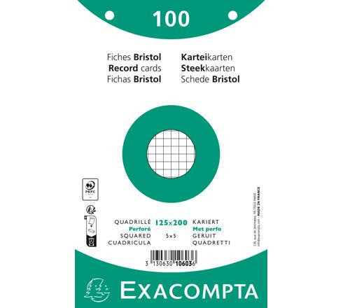 Fiches bristol - 125x200mm - Petits carreaux - Perforées - Blanc - Lot de 100 - Exacompta