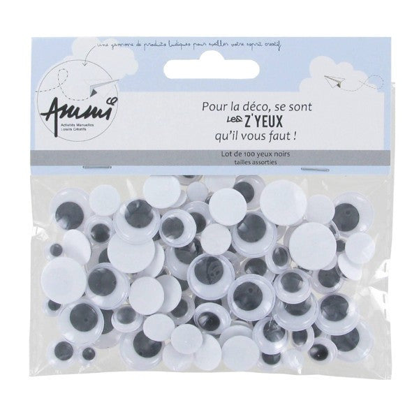 Petits yeux mobiles - Adhésif - Noir/blanc - Loisirs créatifs - Dessin - Sachet de 100