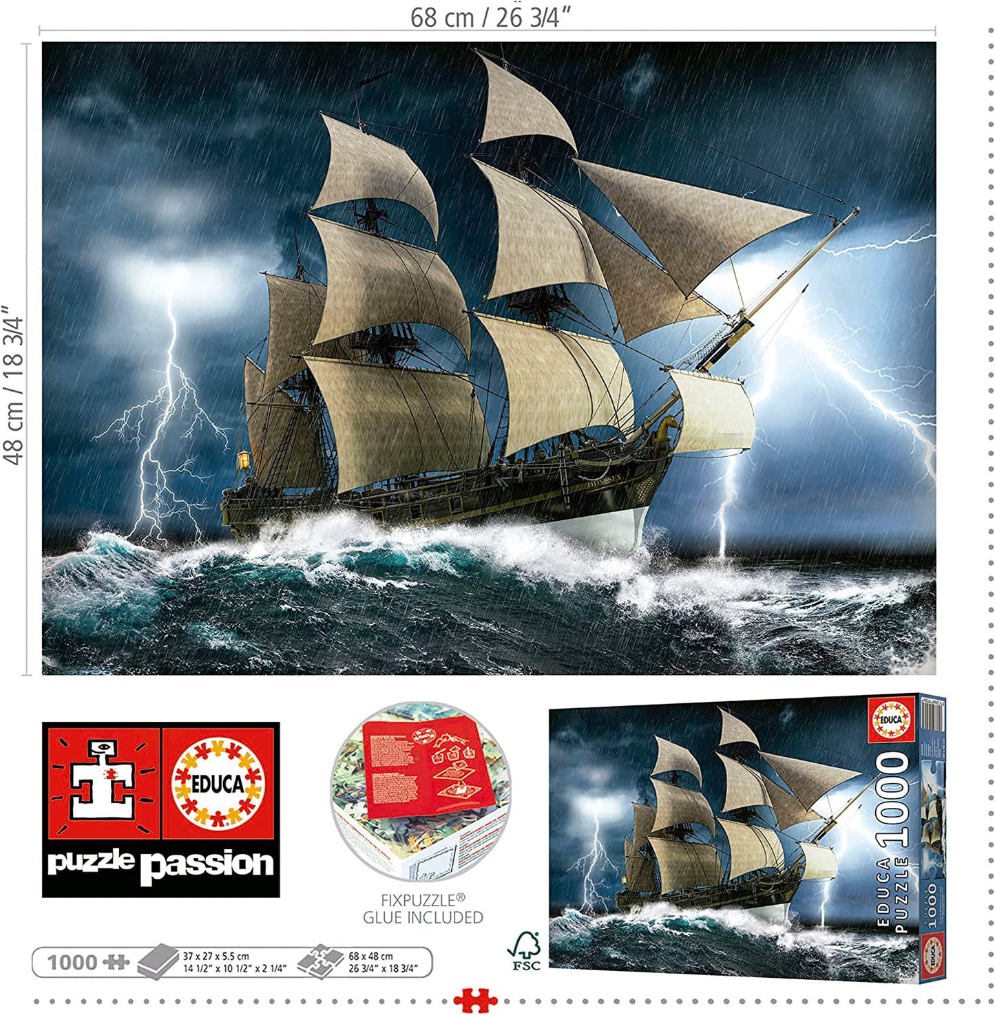 Puzzle - Tempête de mer - Bateau - Caravelle - 1000 pièces - 68x48cm - Educa
