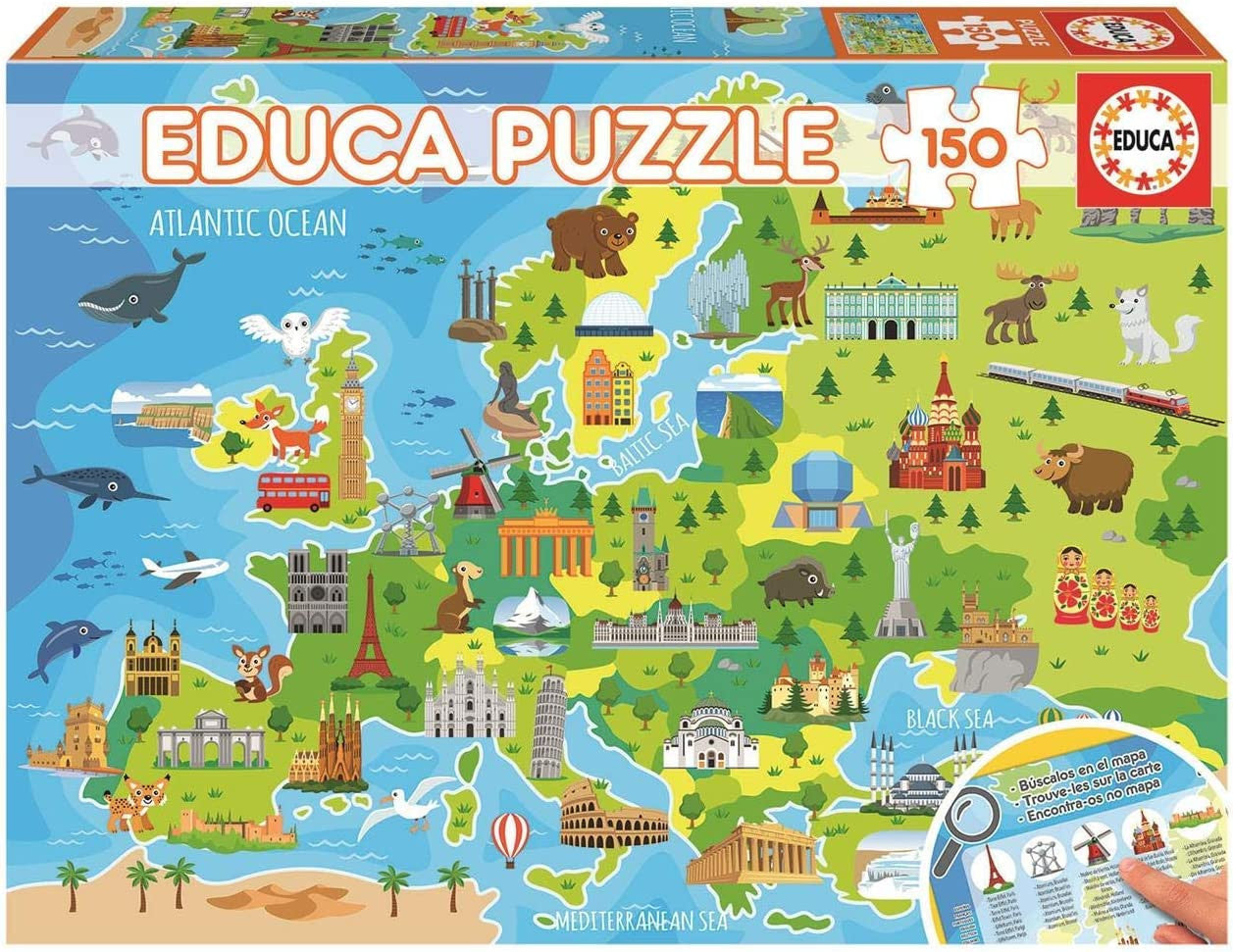 Puzzle - Carte de l'Europe - Animaux - Monuments - Jeu éducatif - 150 pièces - Dès 6 ans