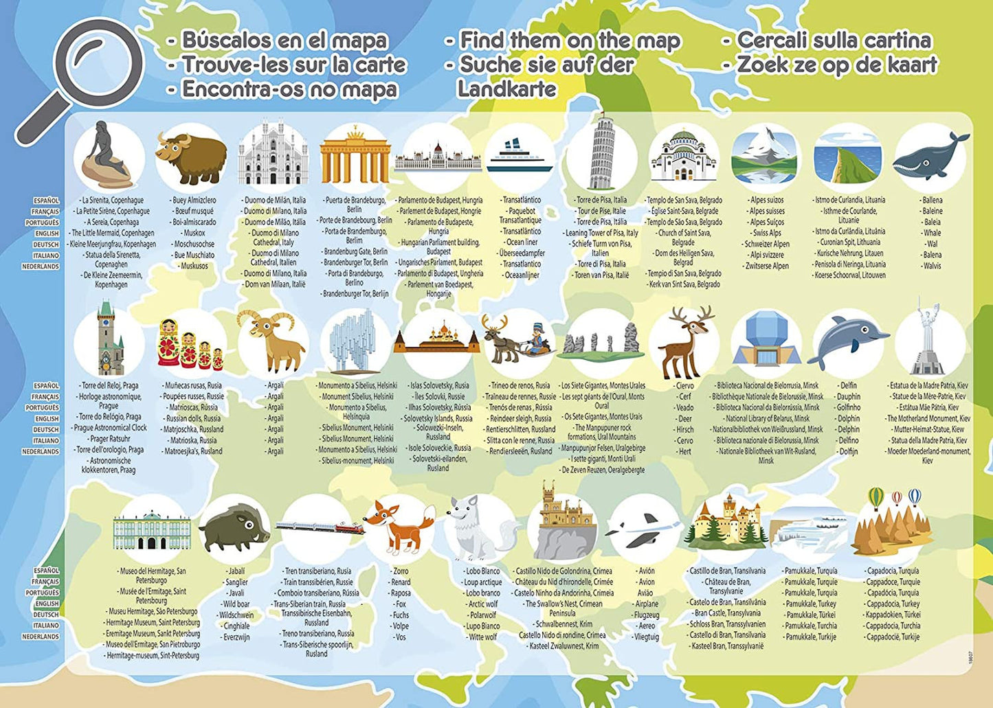 Puzzle - Carte de l'Europe - Animaux - Monuments - Jeu éducatif - 150 pièces - Dès 6 ans