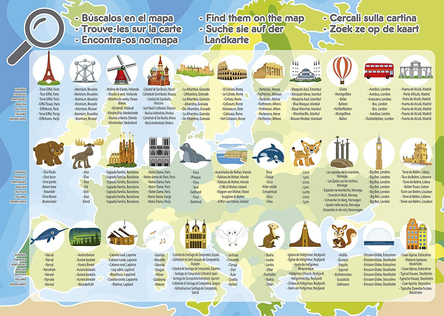 Puzzle - Carte de l'Europe - Animaux - Monuments - Jeu éducatif - 150 pièces - Dès 6 ans