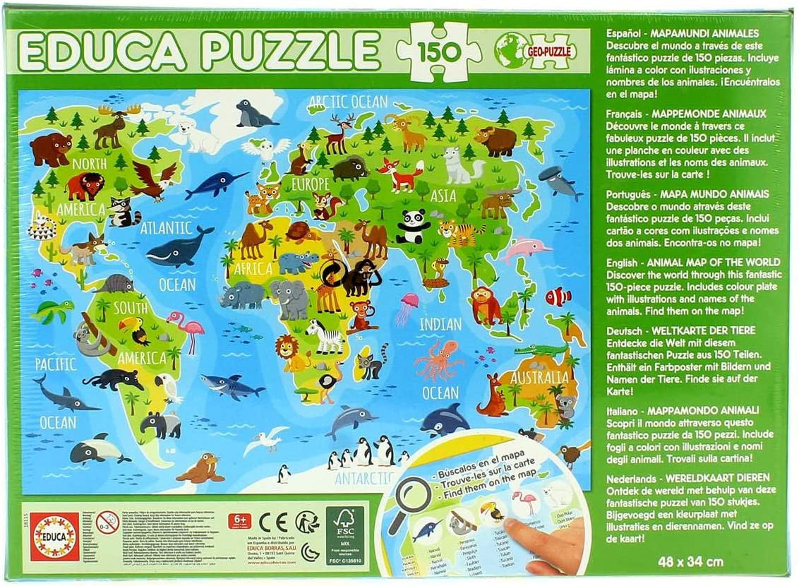 Puzzle - Carte du monde avec les animaux - Jeu éducatif - 150 pièces - Dès 6 ans