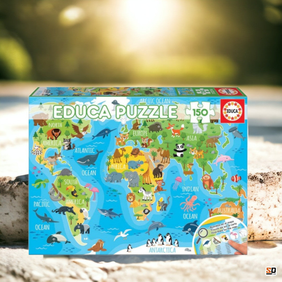 Puzzle - Carte du monde avec les animaux - Jeu éducatif - 150 pièces - Dès 6 ans