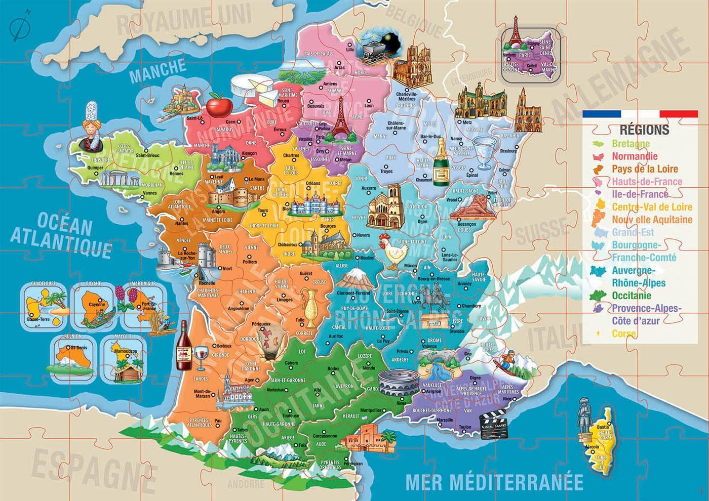 Puzzle - Carte de France - Départements et régions - 150 pièces - Dès 6 ans