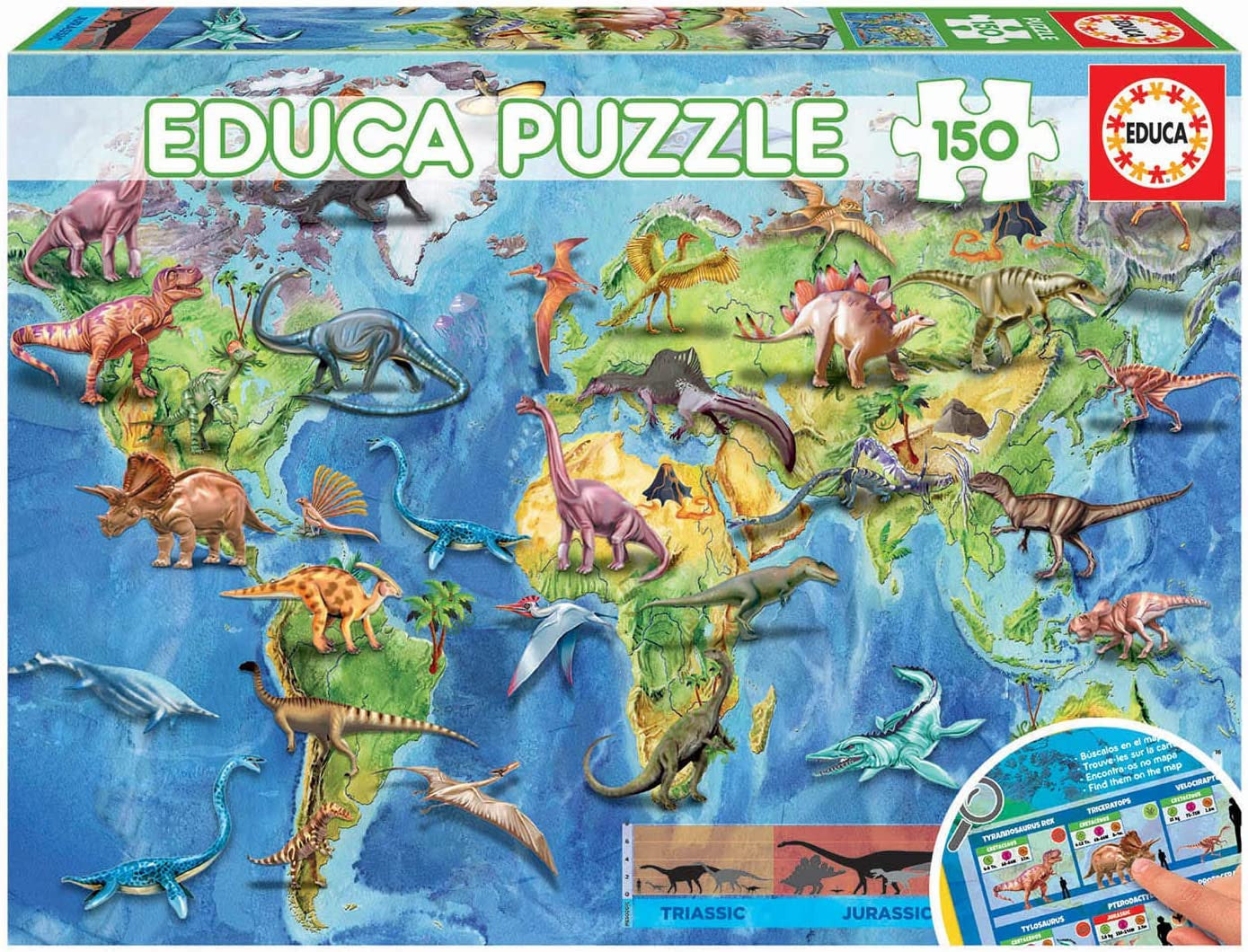 Puzzle - Carte du monde avec les dinosaures - Jeu éducatif - 150 pièces - Dès 6 ans