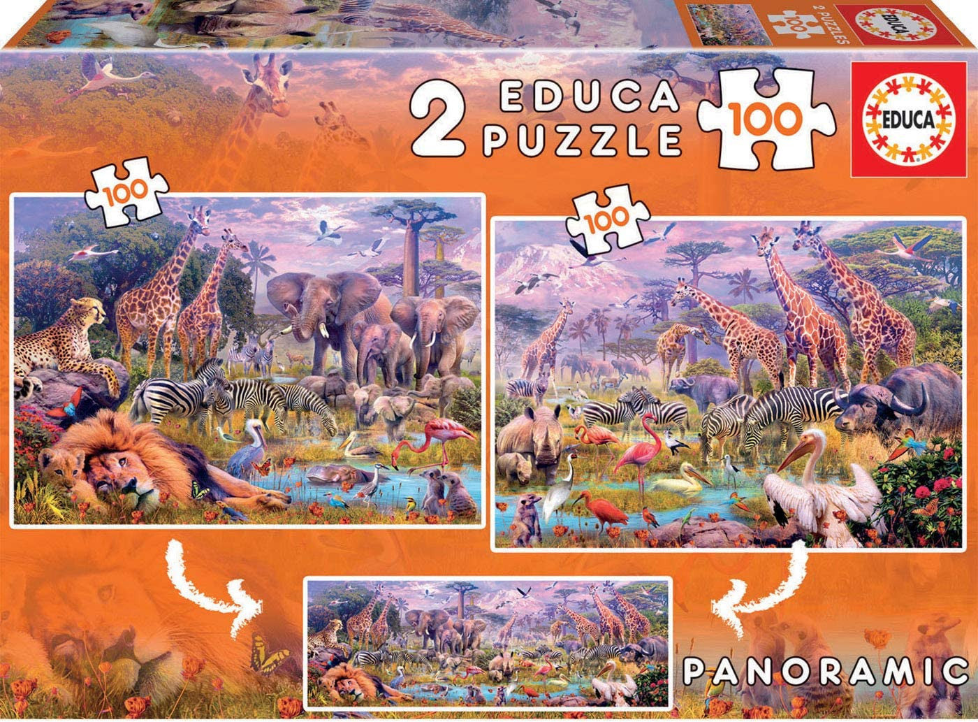 Puzzle panoramique - Les animaux sauvages - Jungle - 2 modèles de 100 pièces