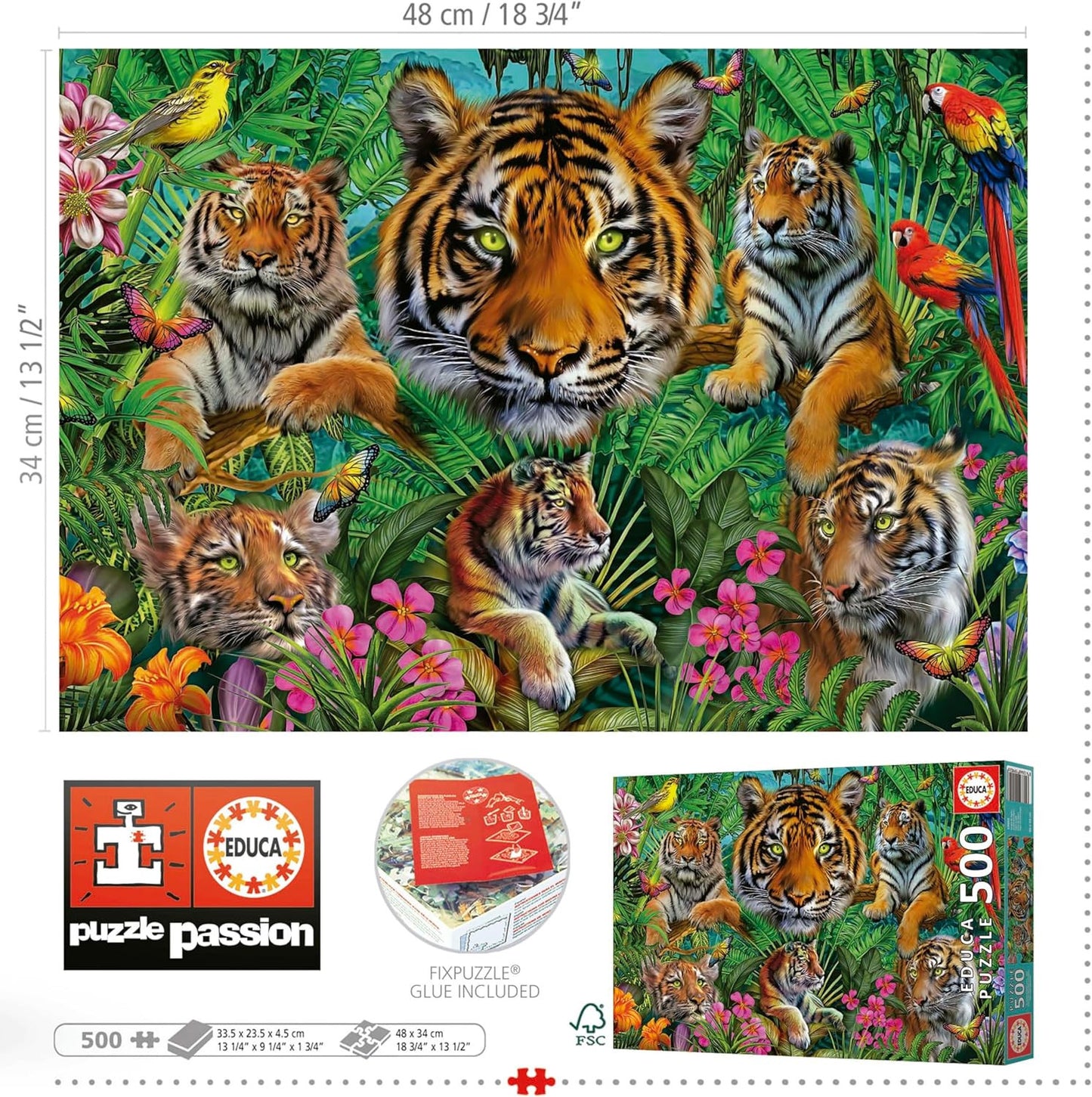 Puzzle - 500 pièces - Les tigres dans la jungle - 48x34cm - Adulte/Enfant - Educa