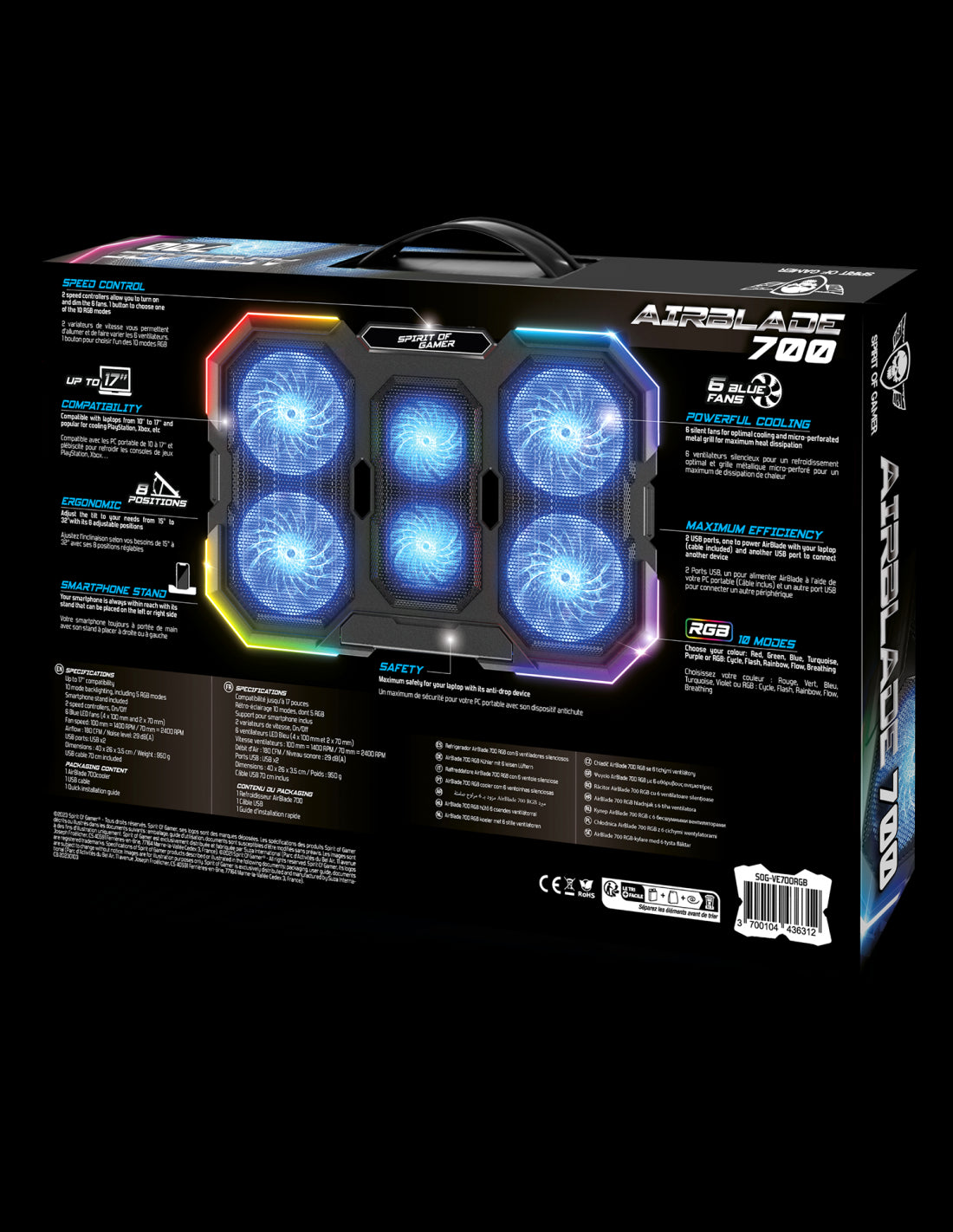 Refroidisseur - Pour ordinateur portable - Compatible de 10 à 17 pouces - Rétroéclairé - Spirit of Gamer - AIRBLADE 700