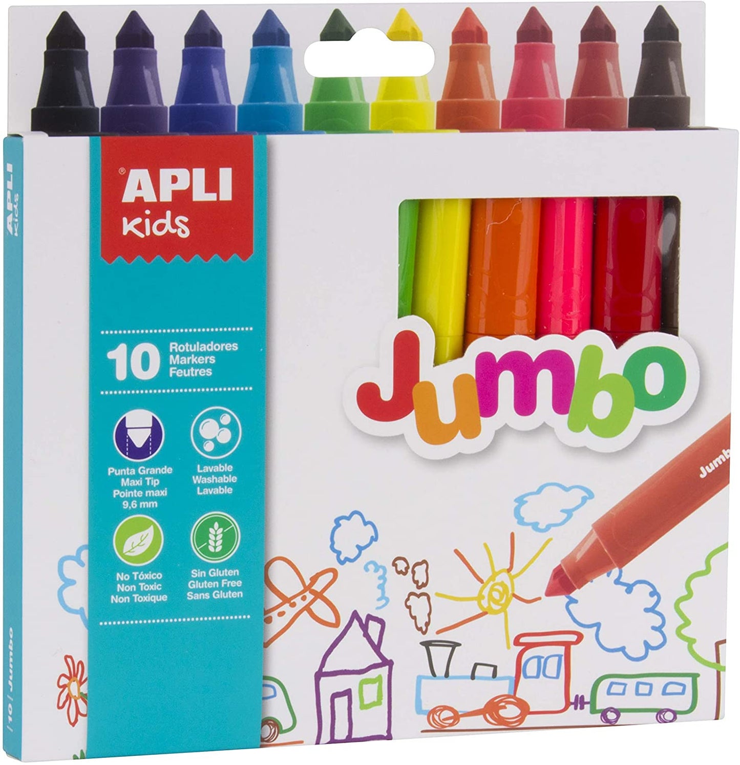 10 feutres de douleur - Grosse pointe - Assortiment - Jumbo Apli Kids