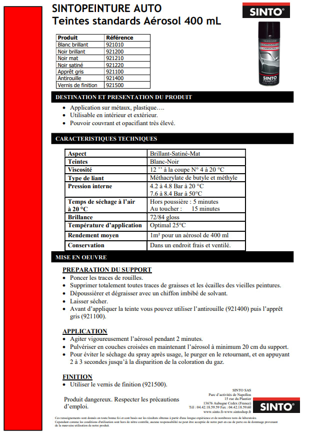 Bombe de peinture pour carrosserie - noir mat - Sinto