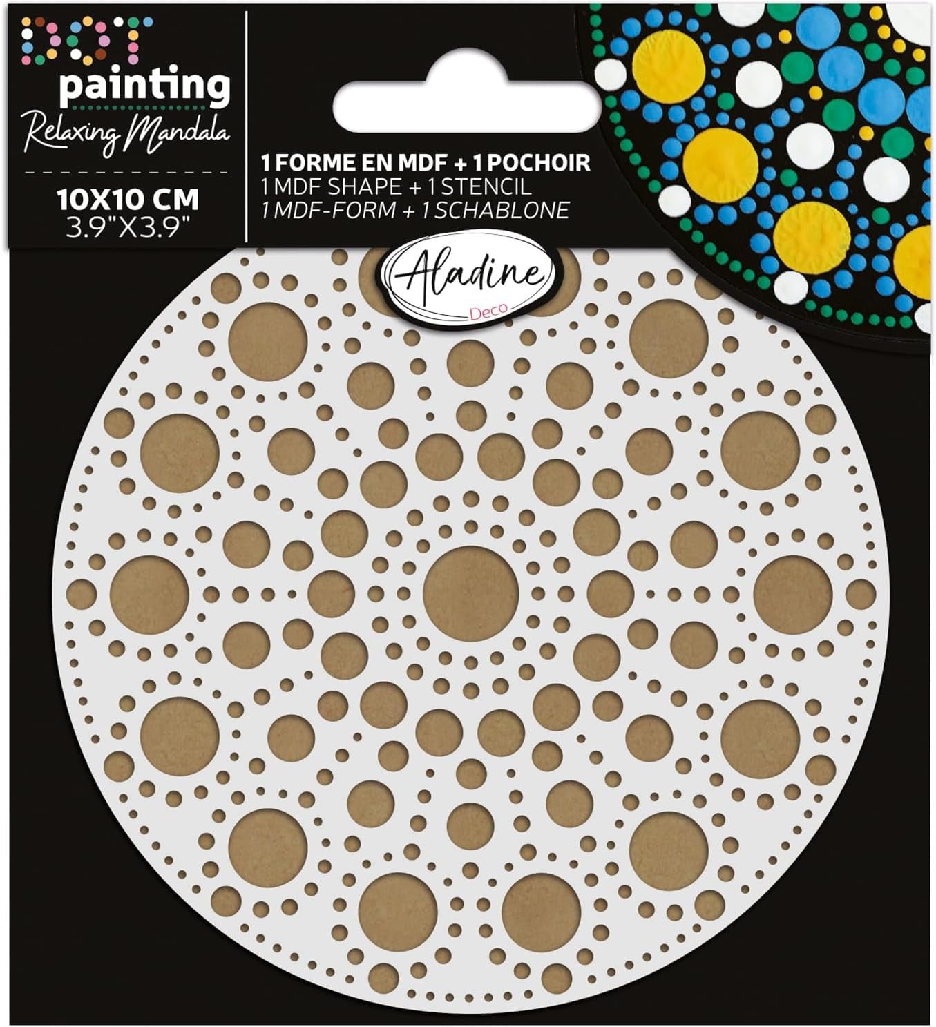 Pochoir - Pour dot painting - Mandala - 10cm - Forme en bois + support - Aladine