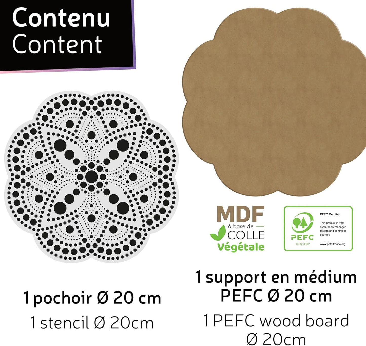 Pochoir - Pour dot painting - Mandala - 20cm - Forme en bois + support - Aladine