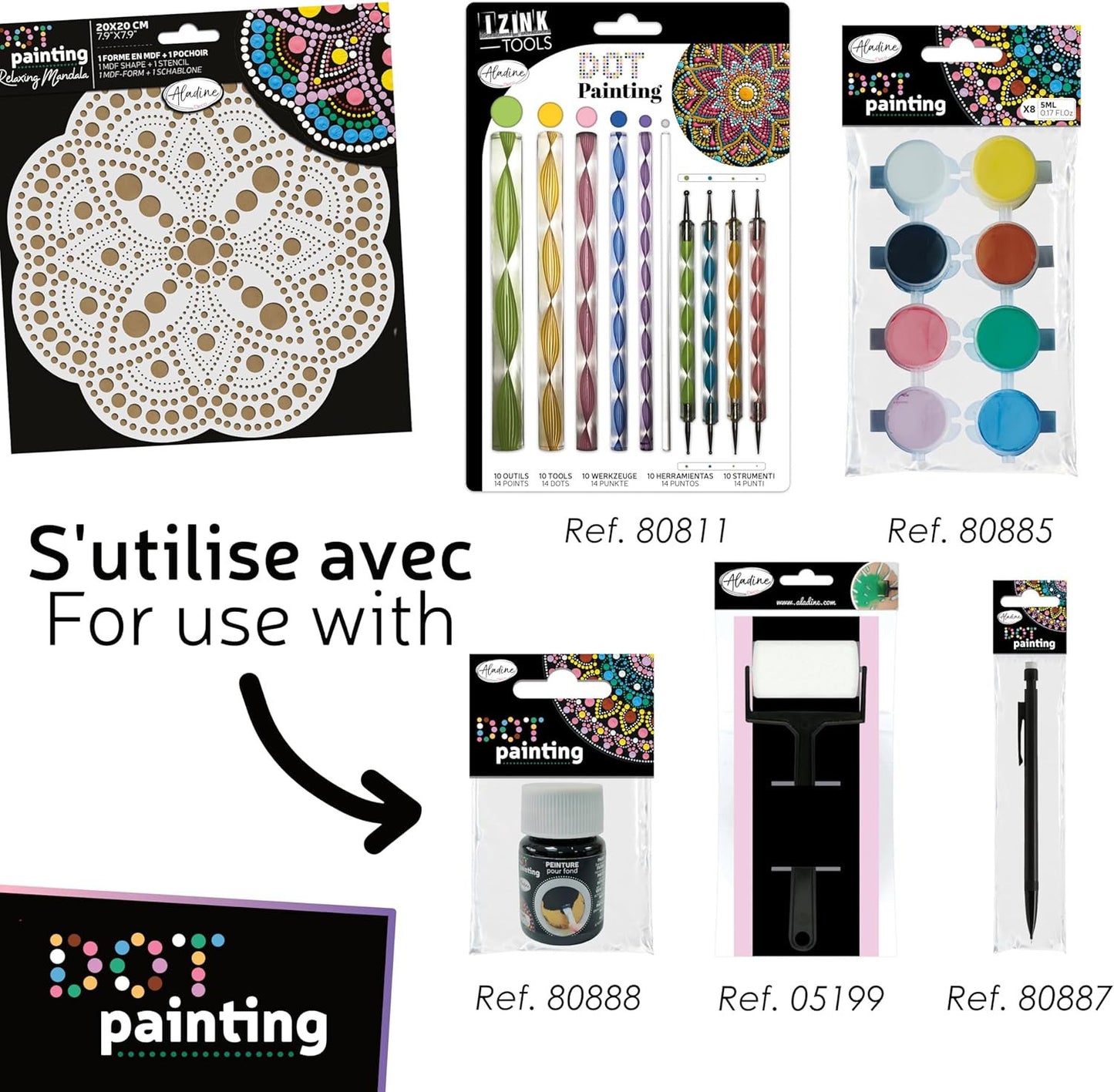Pochoir - Pour dot painting - Mandala - 20cm - Forme en bois + support - Aladine