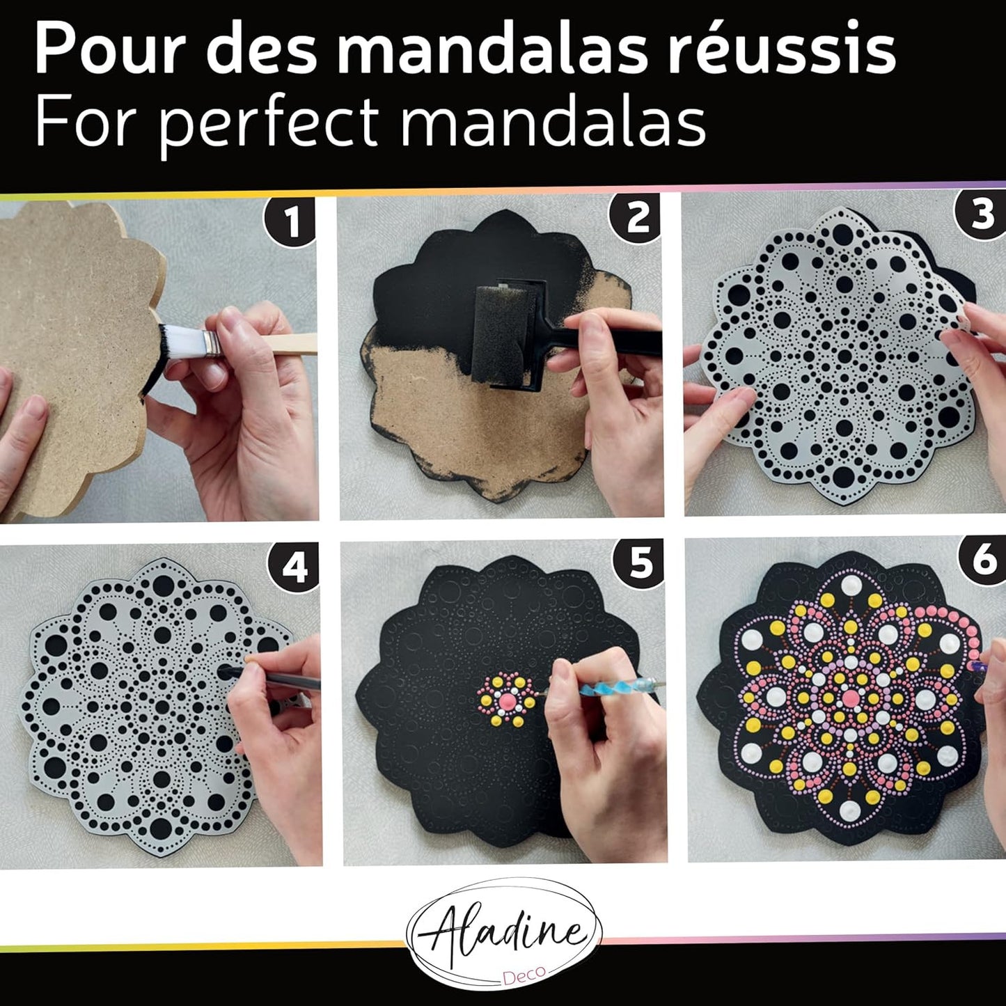 Pochoir - Pour dot painting - Mandala - 20cm - Forme en bois + support - Aladine