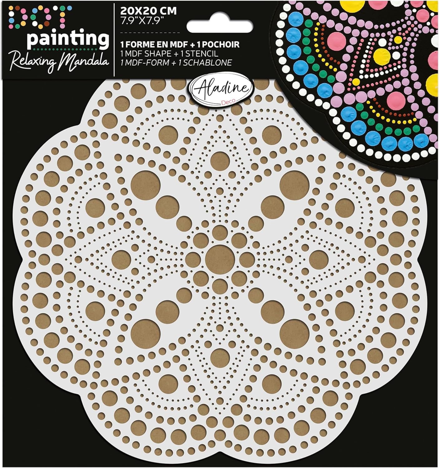 Pochoir - Pour dot painting - Mandala - 20cm - Forme en bois + support - Aladine