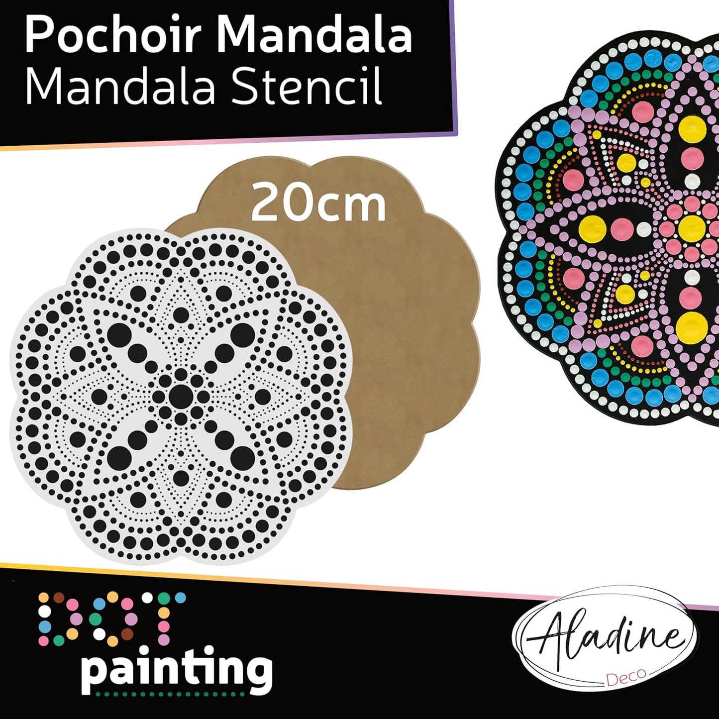 Pochoir - Pour dot painting - Mandala - 20cm - Forme en bois + support - Aladine