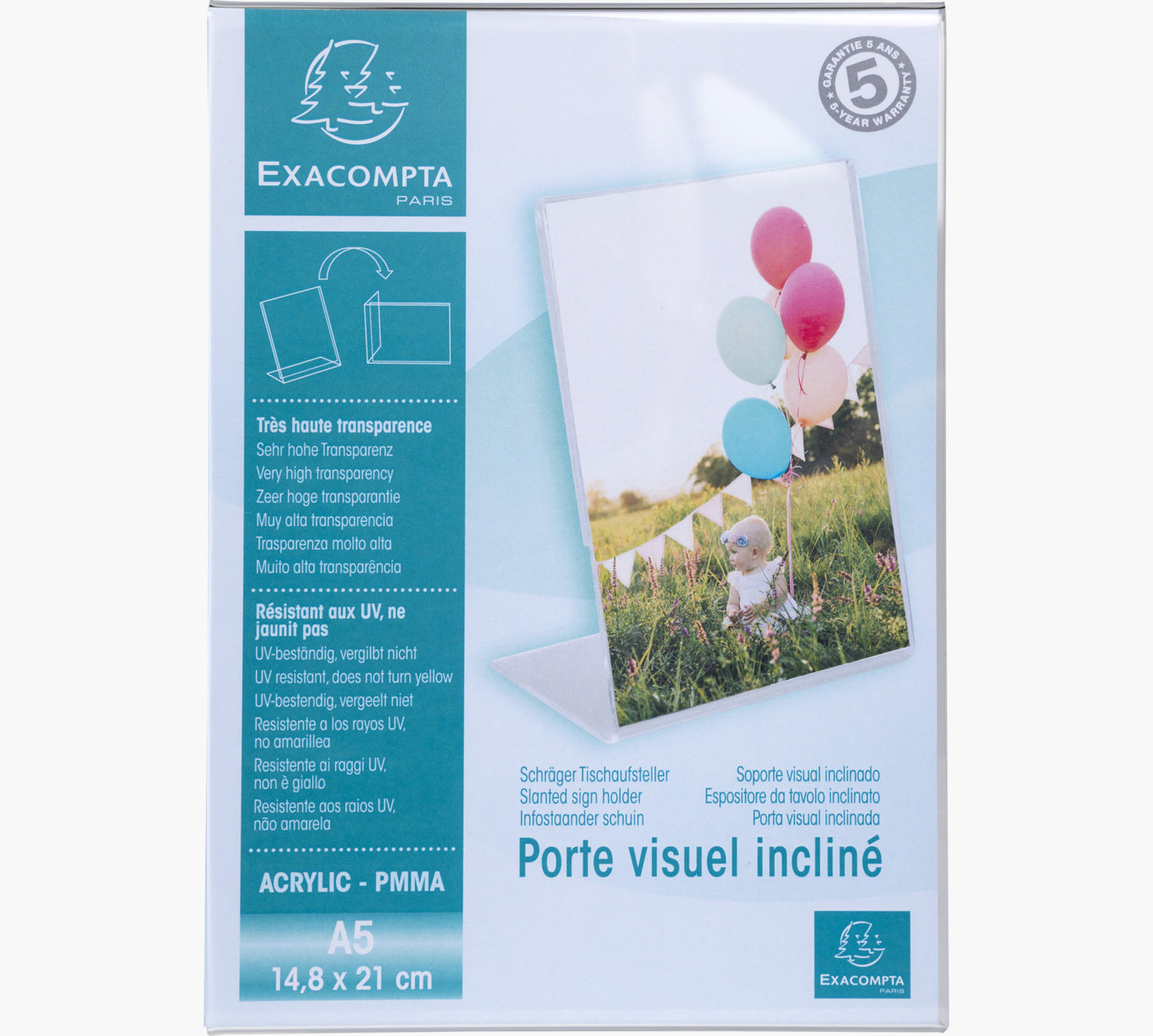Porte-visuel - Présentoir - A5 - Incliné - Transparent - Pour photo, menu, document