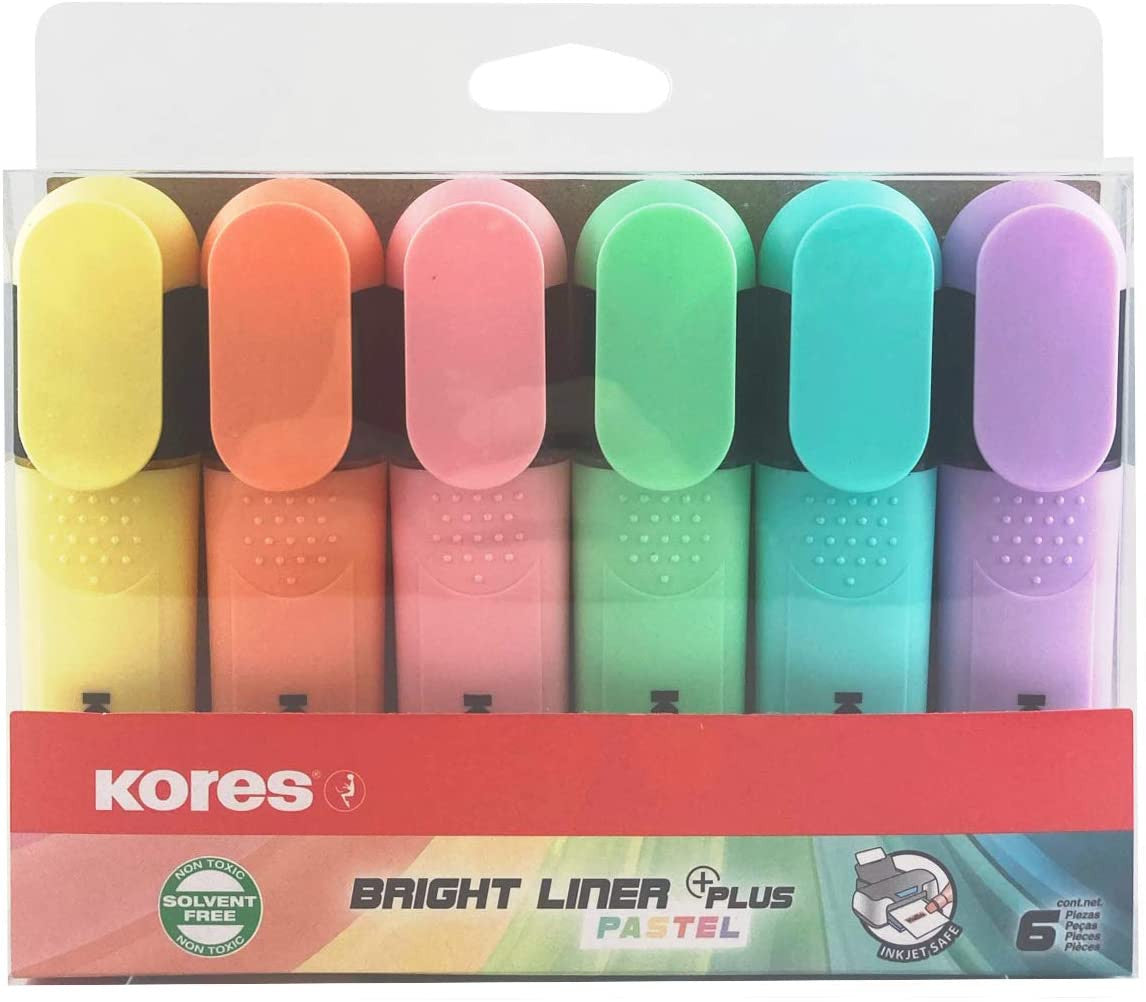Pochette de 6 surligneurs pointe biseautée couleurs pastels Kores Bright Liner