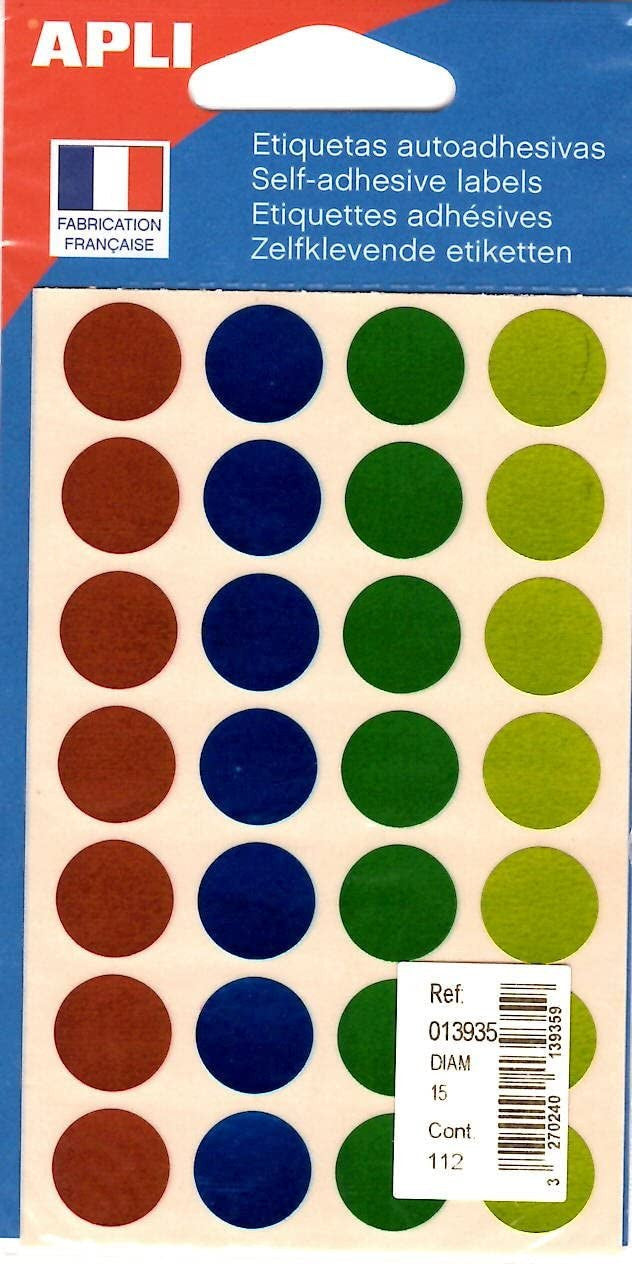 Pochette de 112 pastilles métallisées - 4 couleurs assorties - 15 mm - Adhésif permanent - Écriture manuelle