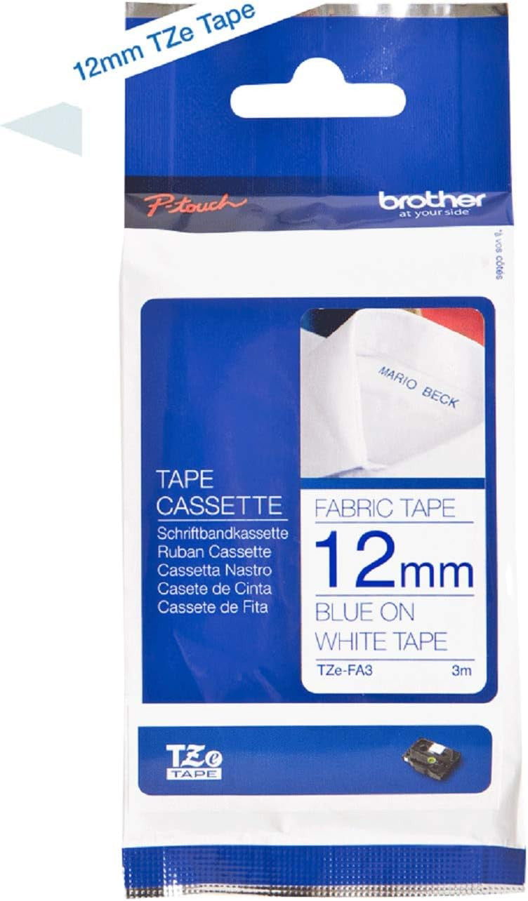 Recharge pour étiqueteuse - Brother - TZe-FA3 - Textile - Fond blanc écriture bleu - 12mm