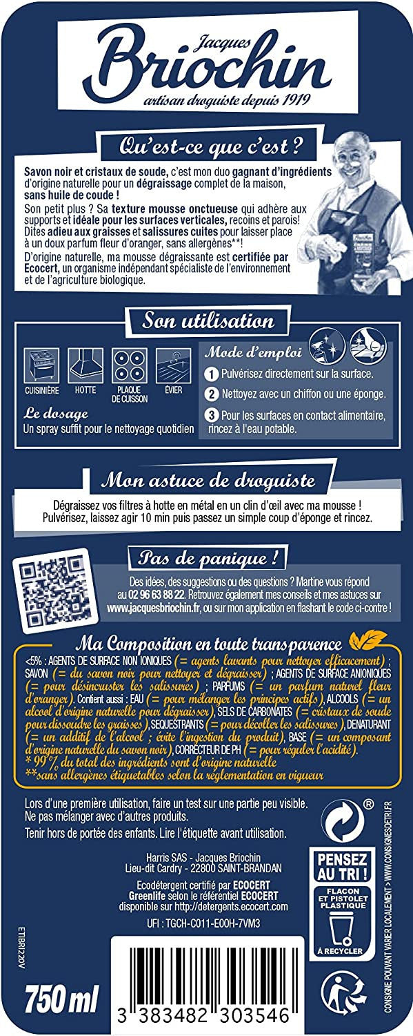 Produit dégraissant - Naturel - Pour la cuisine - Savon noir et cristaux soude - Briochin