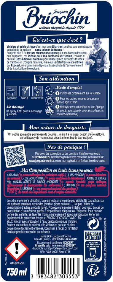 Produit détartrant pour salle de bain - Naturel - Vinaigre et acide citrique - Briochin