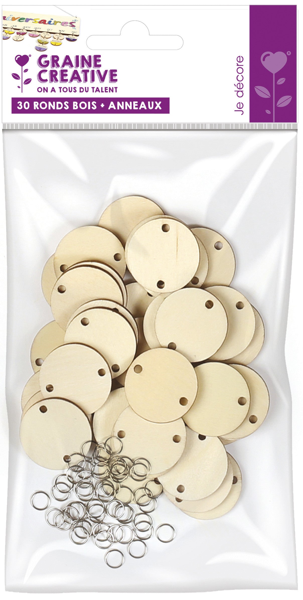 Recharges pour calendrier des anniversaires - 30 ronds en bois + anneaux