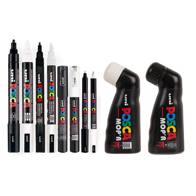 10 marqueurs POSCA - PC5M - PC1MC - PC1MR - PC3M - MOP'R - Noir - Blanc