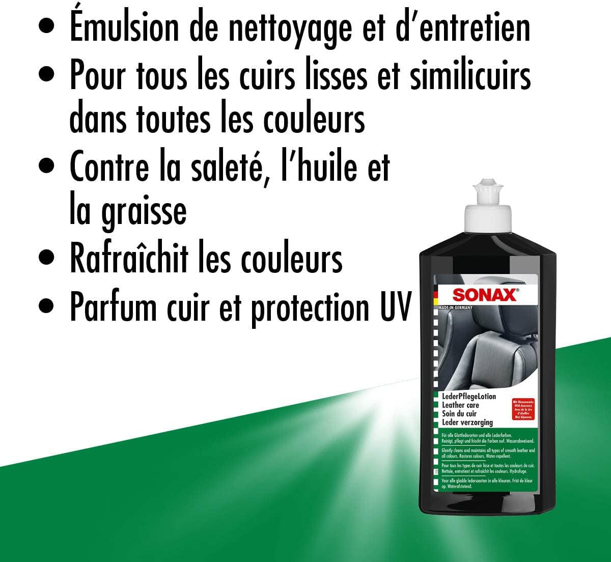 Produit soin du cuir - Cuir lisse - Toutes couleurs - Siège - Voiture - SONAX - 500ml