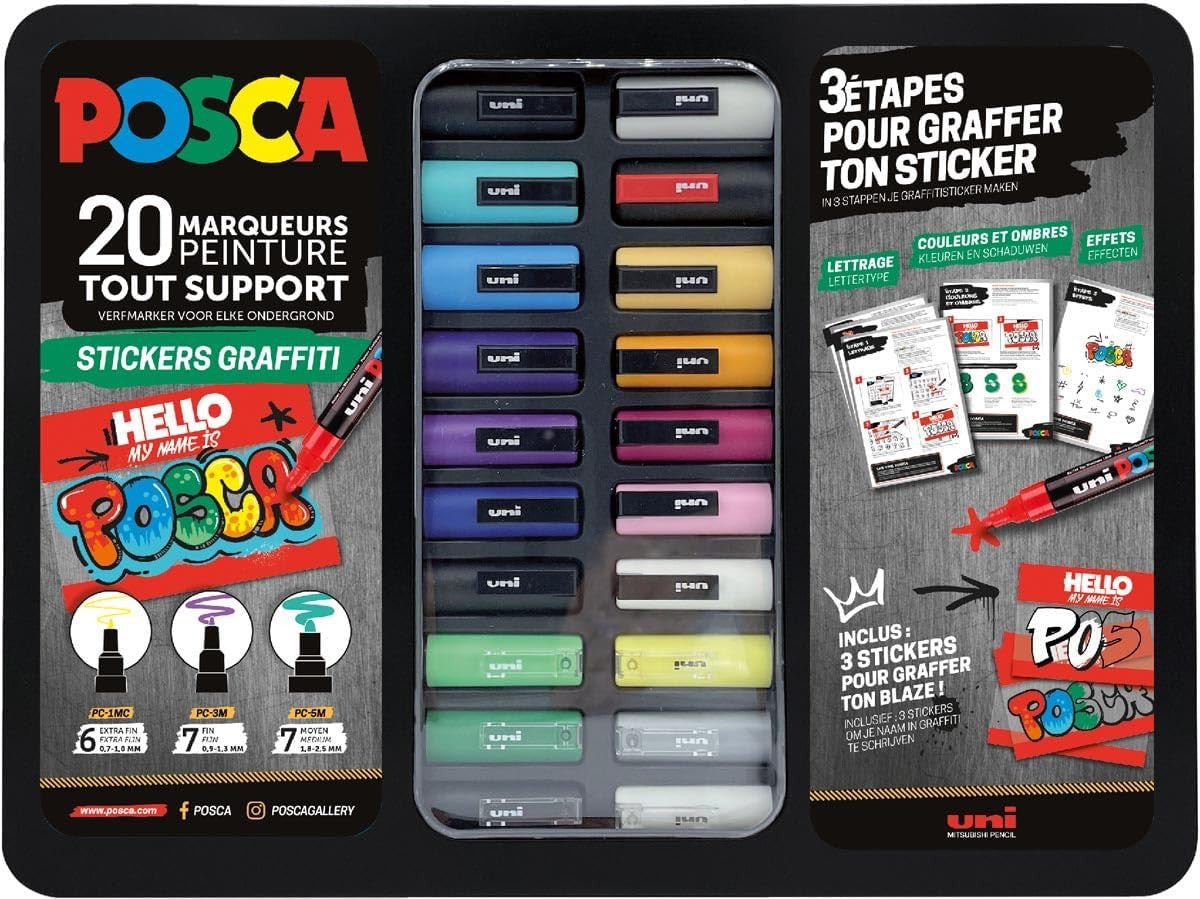 Posca - Malette - Stickers Graffiti - 20 marqueurs - PC1-1M - PC-3M - PC-5M