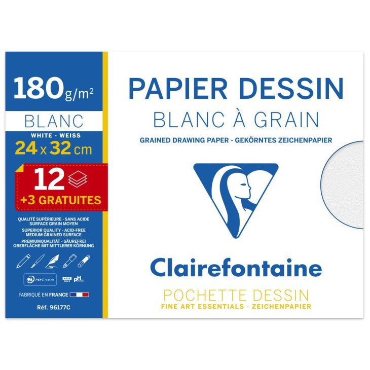 Papier dessin - 24x32cm - Blanc à grain - Sans acide - 15 feuilles - Clairefontaine