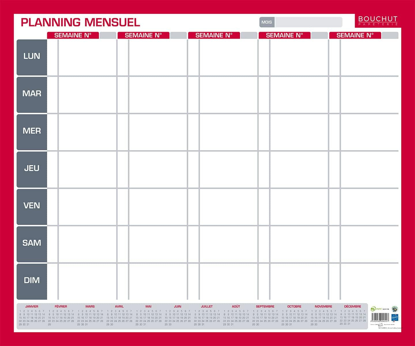 Planning - Mensuel - Perpétuel - Jour par jour - 5 semaines - Effaçable - 50x60cm