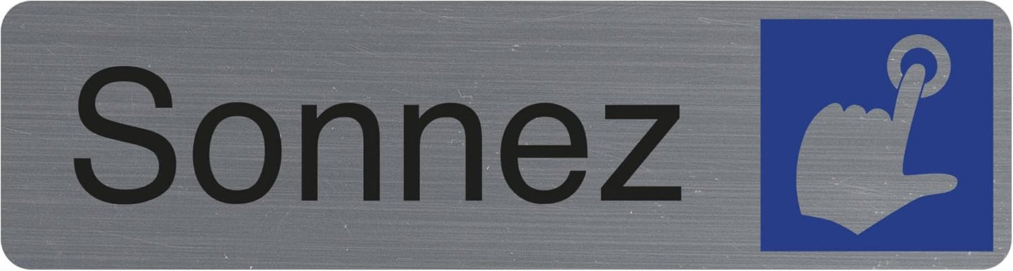 Plaque adhésive - Sonnez - Avec pictogramme - Imitation alu - 16,5x4,4cm - Signalétique