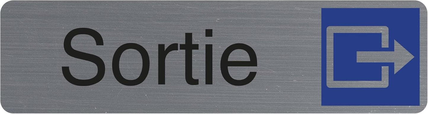 Plaque adhésive - Sortie - Avec pictogramme - Imitation alu - 16,5x4,4cm - Signalétique