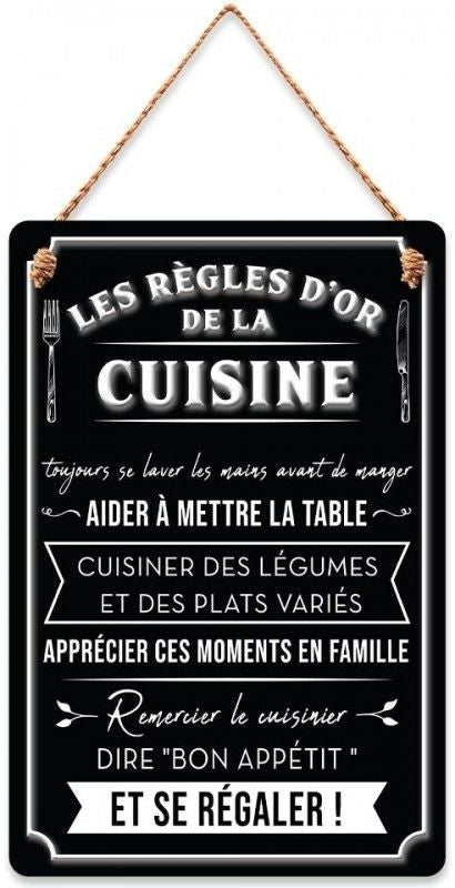 Plaque décorative - Les règles d'or de la cuisine - Métal - A suspendre - 20x30cm