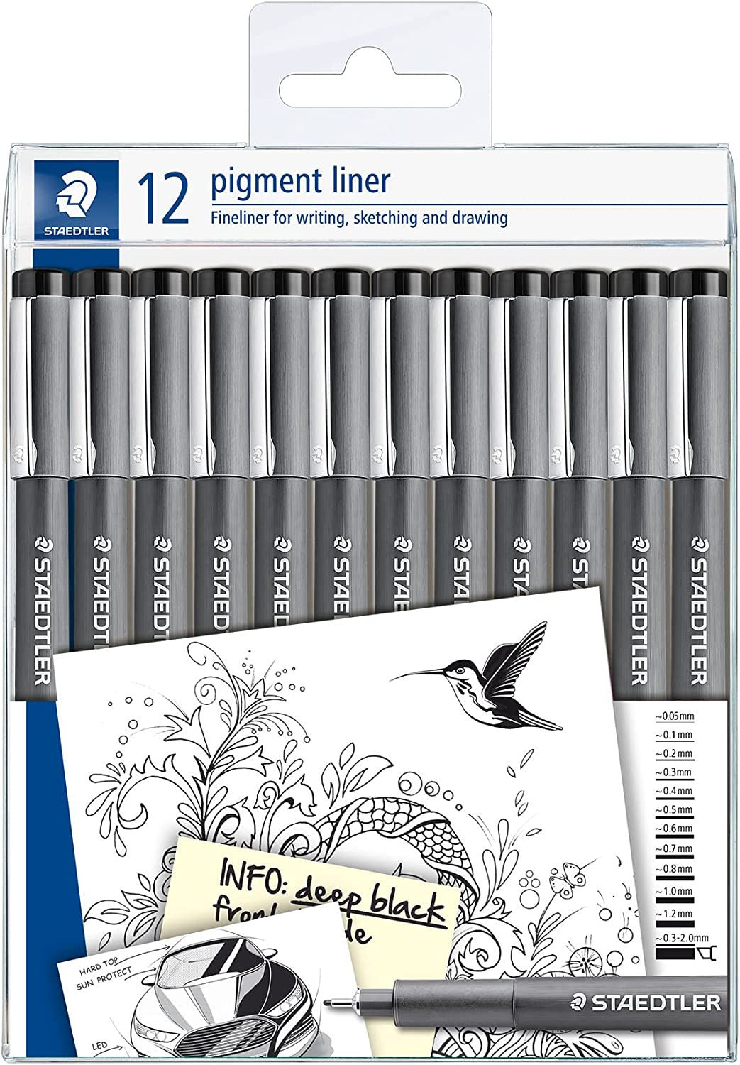 Pochette de 12 feutres fins - Noir - Assortiments de pointes - Pigment Liner - Staedtler