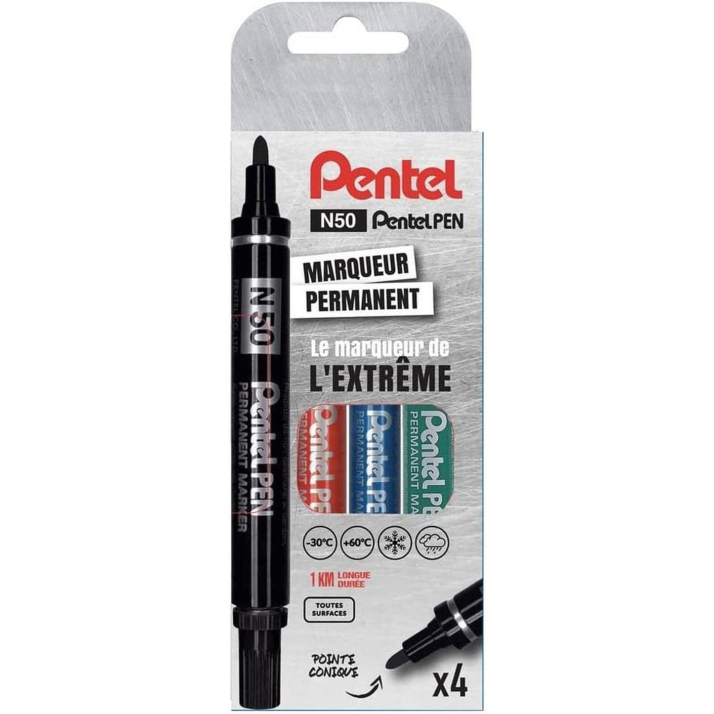 Pochette de 4 marqueurs - Permanent - Pointe ogive - Toutes surfaces - Pentel - Maxiflo