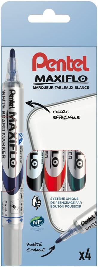 Pochette de 4 marqueurs - Effaçable - Pointe ogive - Tableau blanc - Pentel - Maxiflo