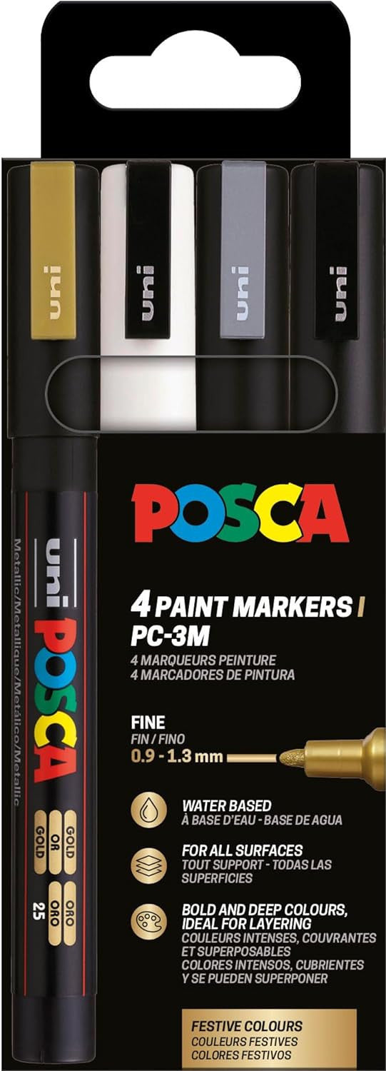 Pochette 4 marqueurs POSCA - PC3M - Couleurs festives - Pointe fine - 0,9-1,3mm