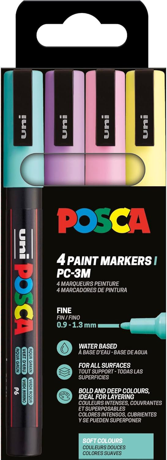 Pochette 4 marqueurs POSCA - PC3M - Couleurs douces - Pointe fine - 0,9-1,3mm