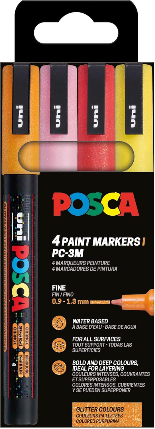 Pochette 4 marqueurs POSCA - PC3M - Couleurs pailletées - Pointe fine - 0,9-1,3mm