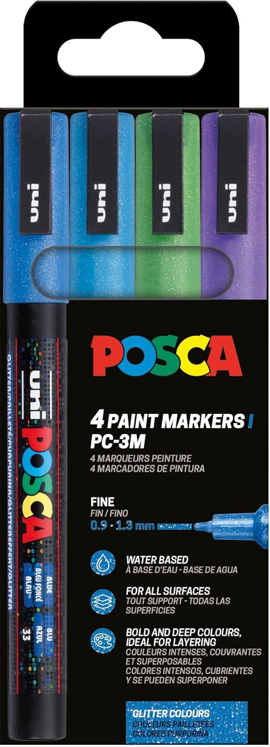 Pochette 4 marqueurs POSCA - PC3M - Couleurs pailletées - Pointe fine - 0,9-1,3mm
