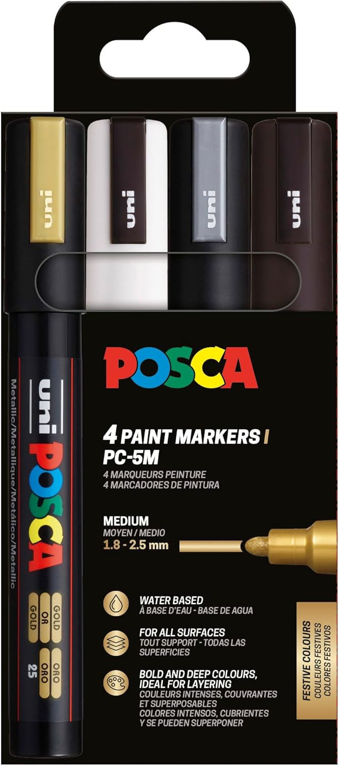 Pochette 4 marqueurs POSCA - PC5M - Couleurs festives - Pointe moyenne