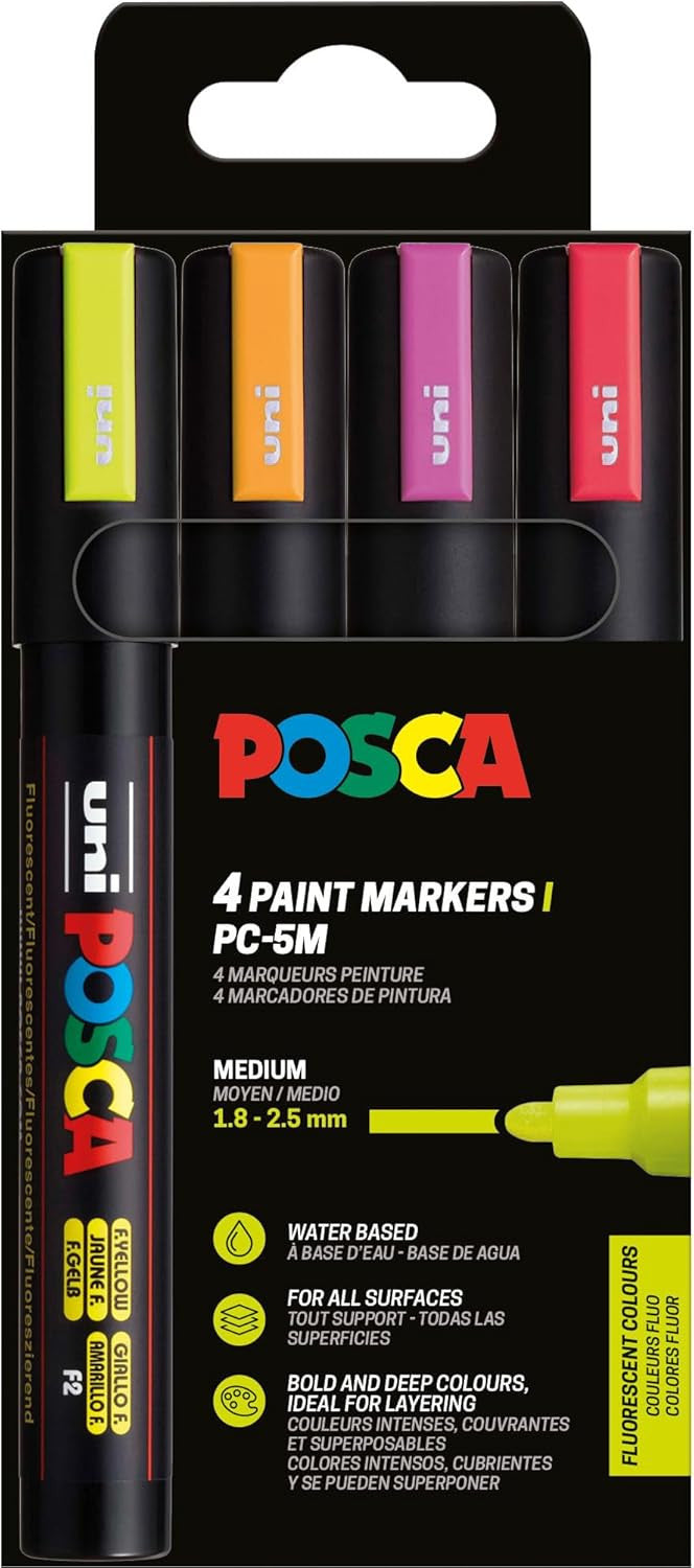Pochette 4 marqueurs POSCA - PC5M - Couleurs fluos - Pointe moyenne
